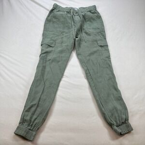 Nicole Miller New York Linen Cargo‎ Joggers Drawstring Olive Green Pants S